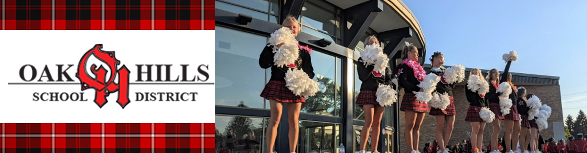 Oak Hills School District logo and picture of cheerleaders